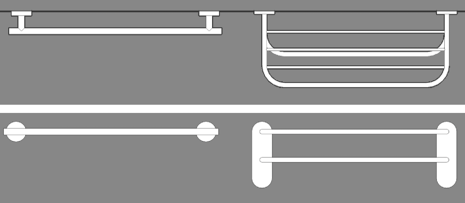 Towel rack and rails in plan and elevation with 2D geometry.