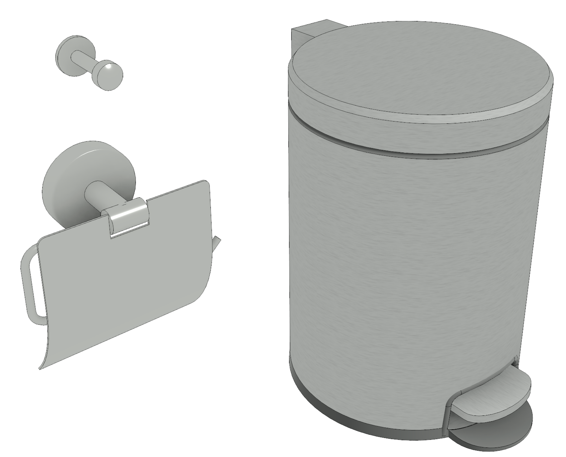 Perspective 3D view showing robe hook, toilet roll holder and pedal bin.