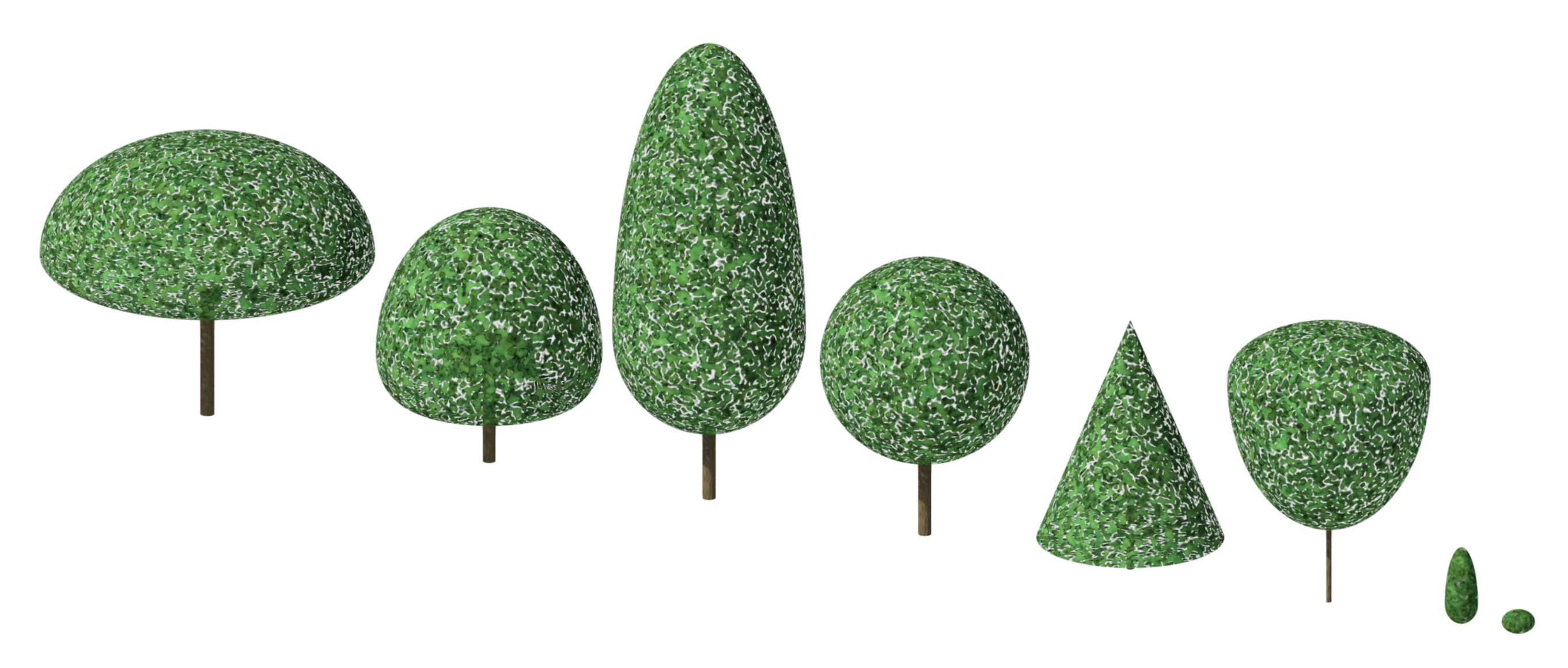 Revit Raytrace showing our custom foliage material in for columnar, weeping, round, pyramidal, umbrella and vase-shaped trees.