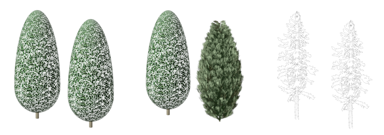 Revit Basic (left) and RCP (right) family versions in coarse, medium & fine levels of detail in 3D. RCP family versions, coarse, medium, fine levels of detail, 3D, columnar, weeping, round, pyramidal, umbrella, and vase shaped trees