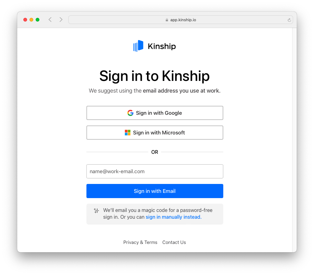 Dialogue showing the Kinship sign-in process, with options for Windows and Google sign-in, and the single-sign on with email.
