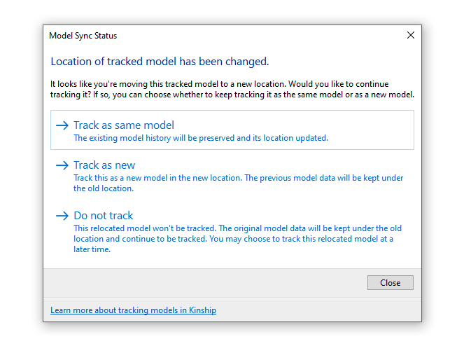 The location of tracked model has been changed, with options to track as same model, track as new or do not track