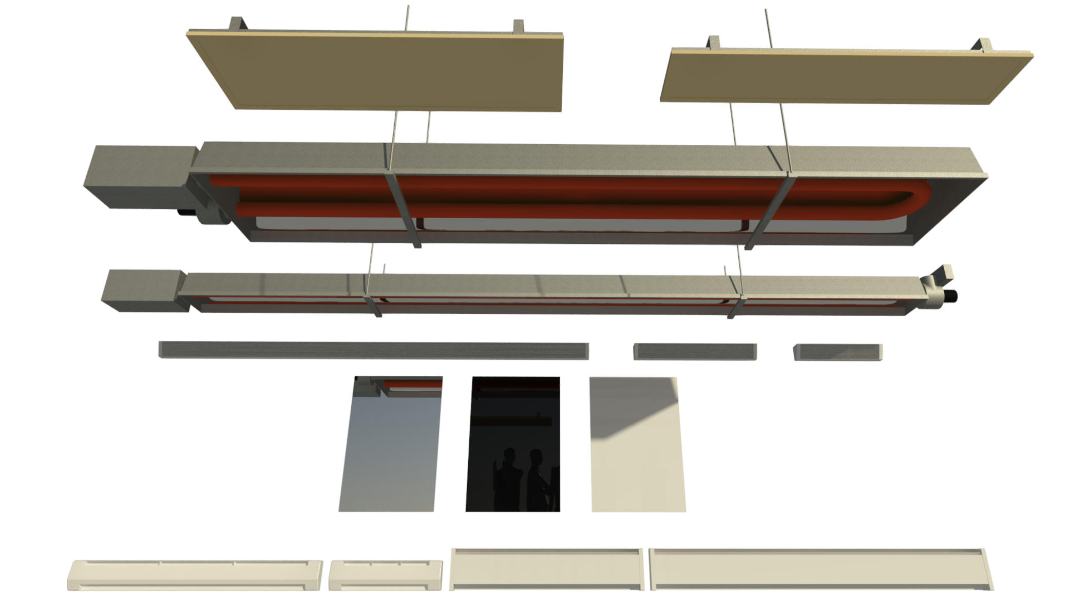 Render of the collection - Ceiling-mounted radiant heat panels, Fixing brackets and electrical connection box, L-Shaped radiant tube heater, U-shaped radiant tube heater, Wall-mounted cove heaters, Wall-mounted baseboard heaters, Wall-mounted baseboard heaters