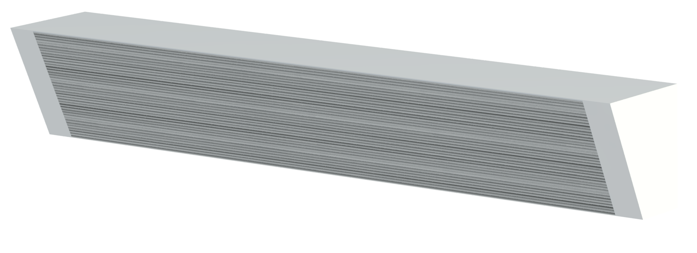 A render of a metallic, wall-mounted cove heater from manufacturer King, which bends at an angle, so can be placed along a wall and ceiling  