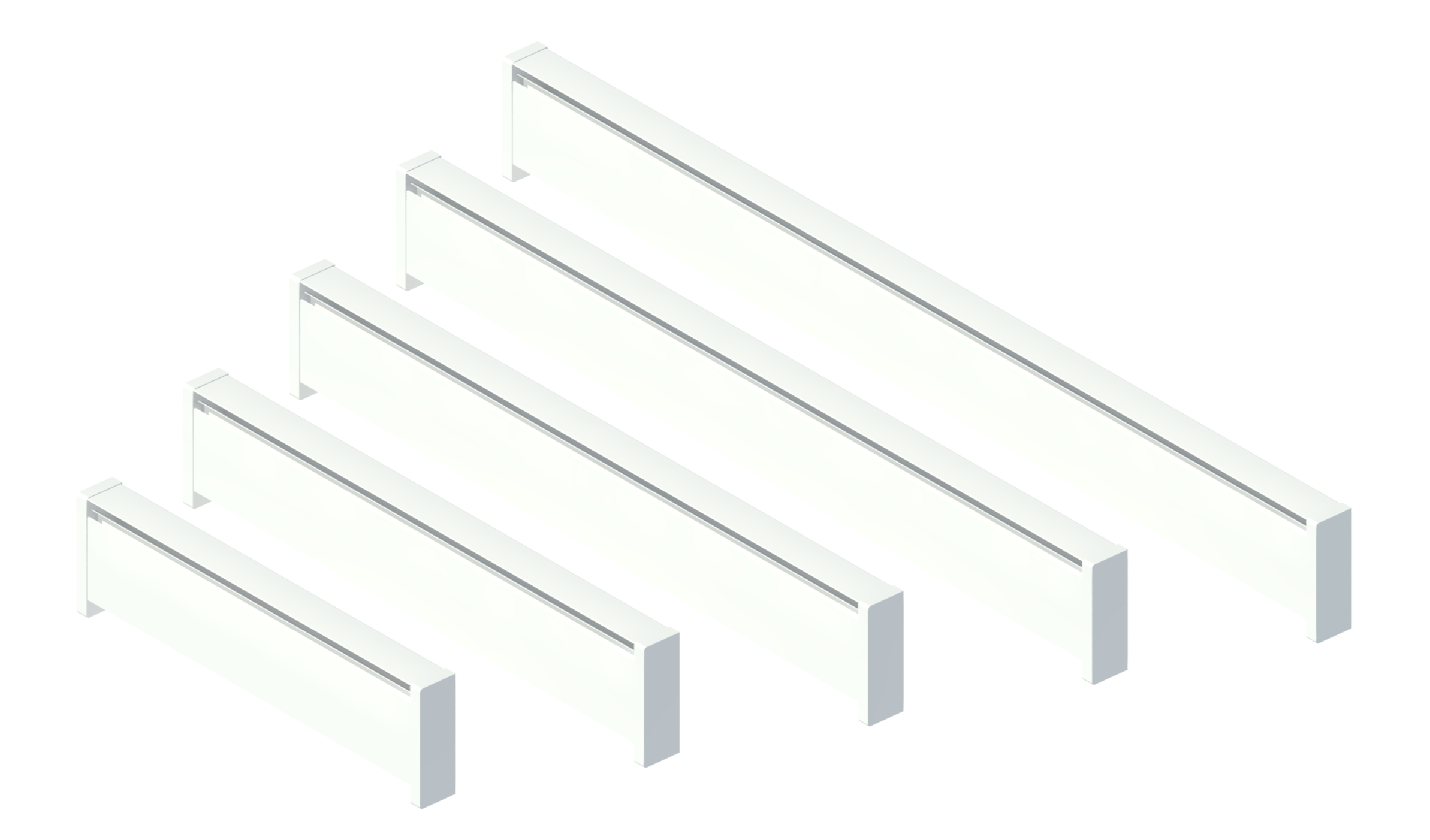 Render of multiple white, boxy, wall-mounted baseboard heaters from manufacturer Cadet in various lengths, which can be placed along a wall.
