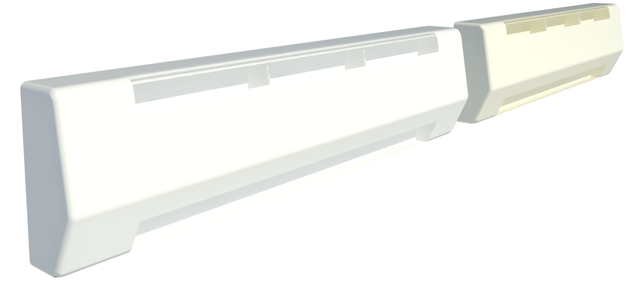 Render of the wall-mounted baseboard heaters from manufacturer King, in two colours - white and a beige, almond finish