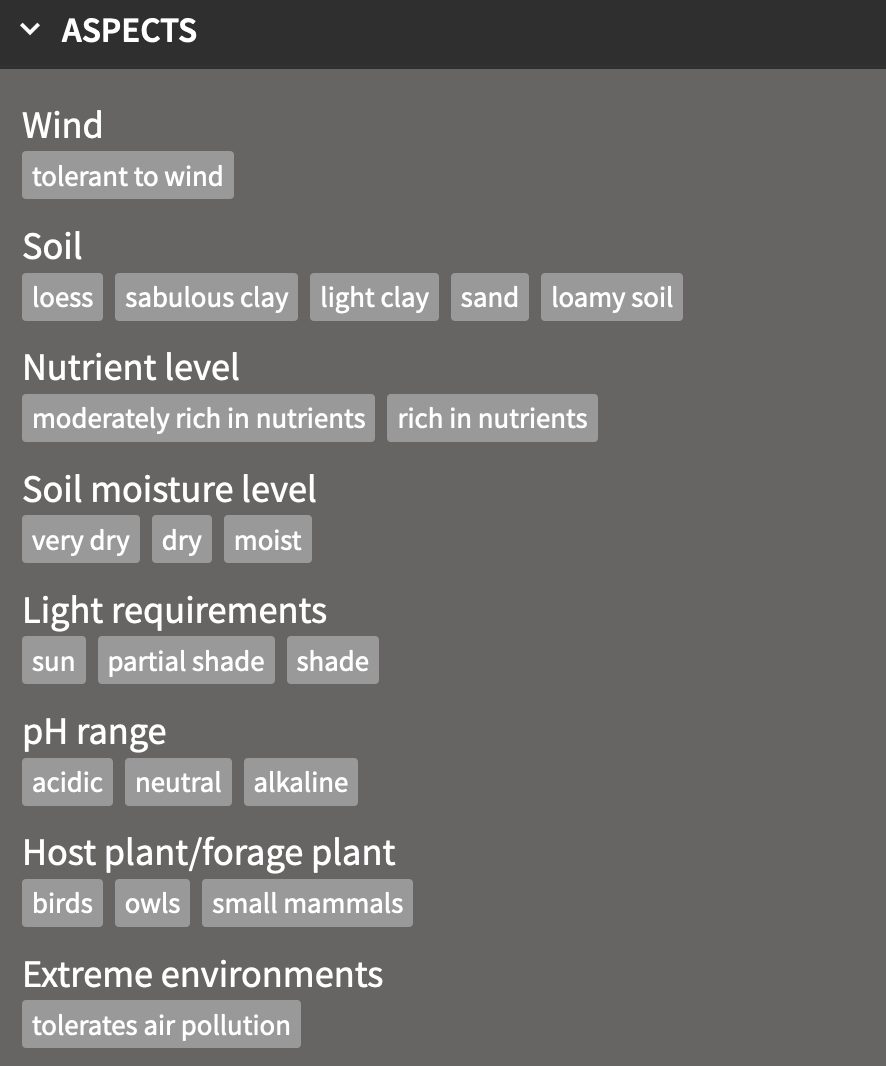 Preview of Revit aspects such as wind, soil, nutrient level, soil moisture level, light requirements, host plant, forage plant, extreme weather