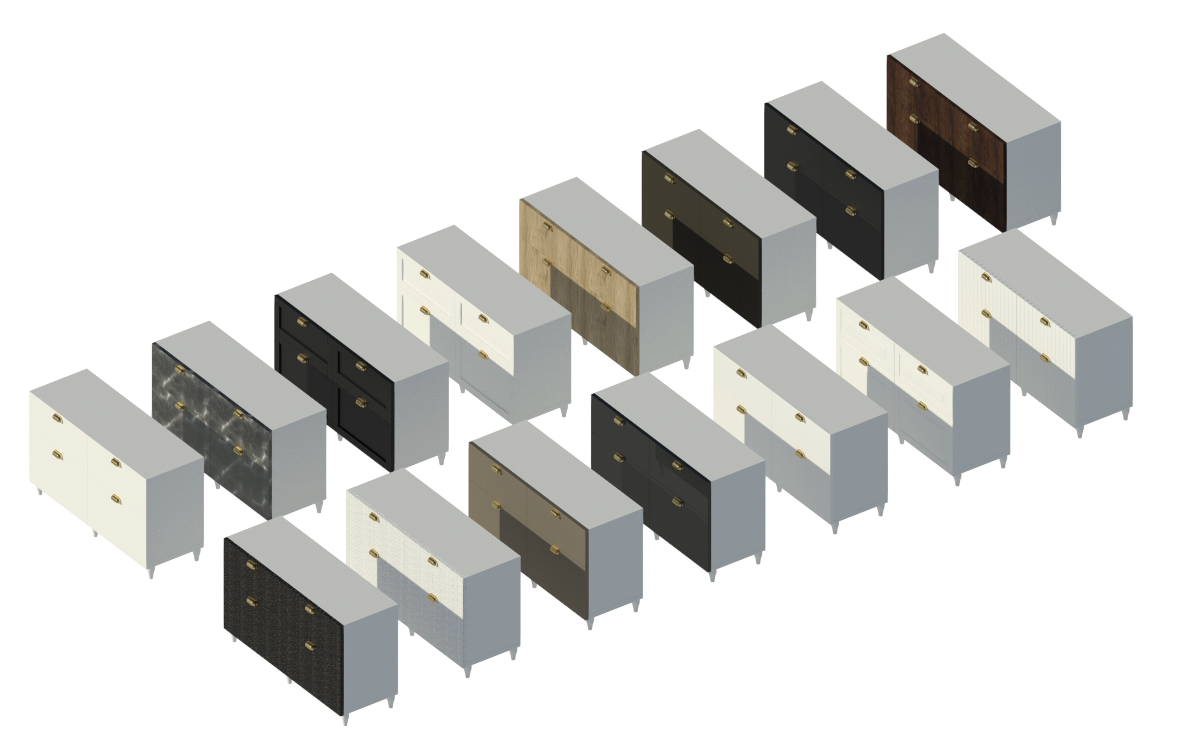Revit render of 15 shelved Besta TV Units showing the different door frame colours.