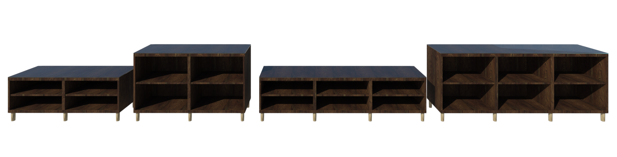 Revit render of 4 differently-sized, open-shelved Besta TV Unit cupboards in dark wood finish.