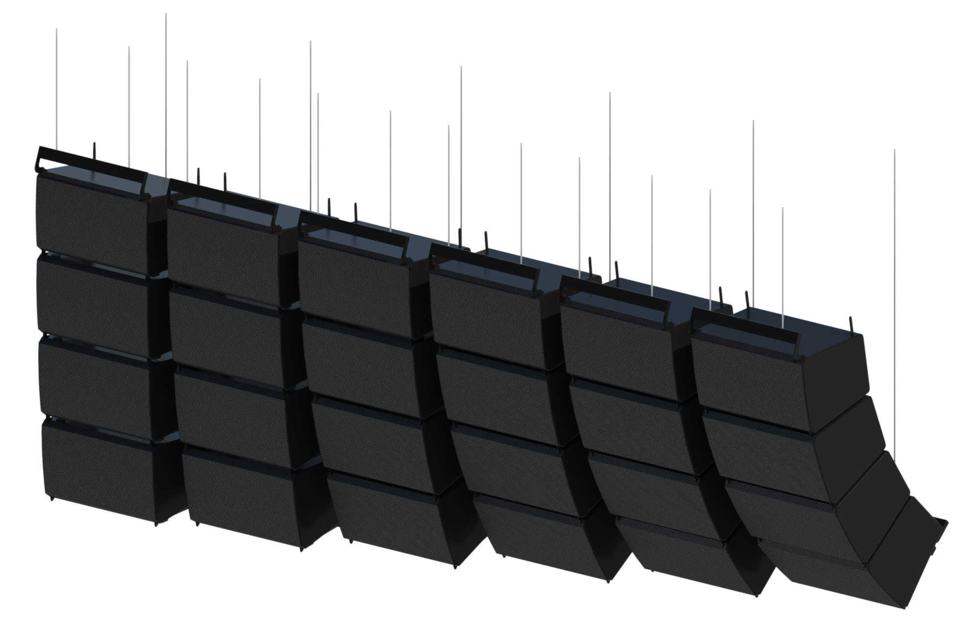 Revit render of PL Series suspended (flown from ceiling) line arrays in various degrees