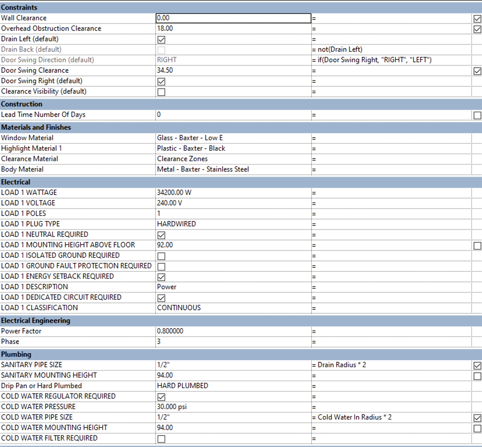 Screenshot of typical Revit shared parameters to Kroger BIM standards.