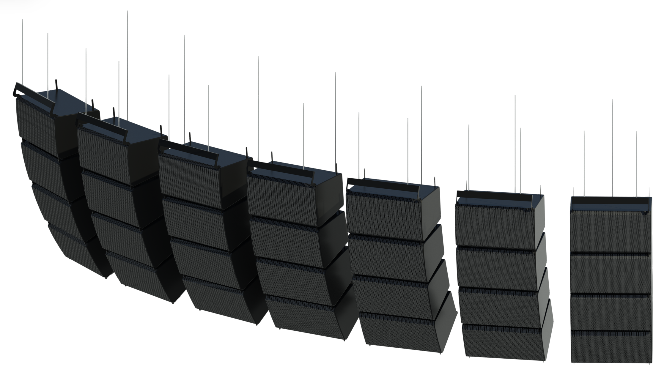 Revit render of PL Series suspended (flown from ceiling) line arrays in 12 degrees