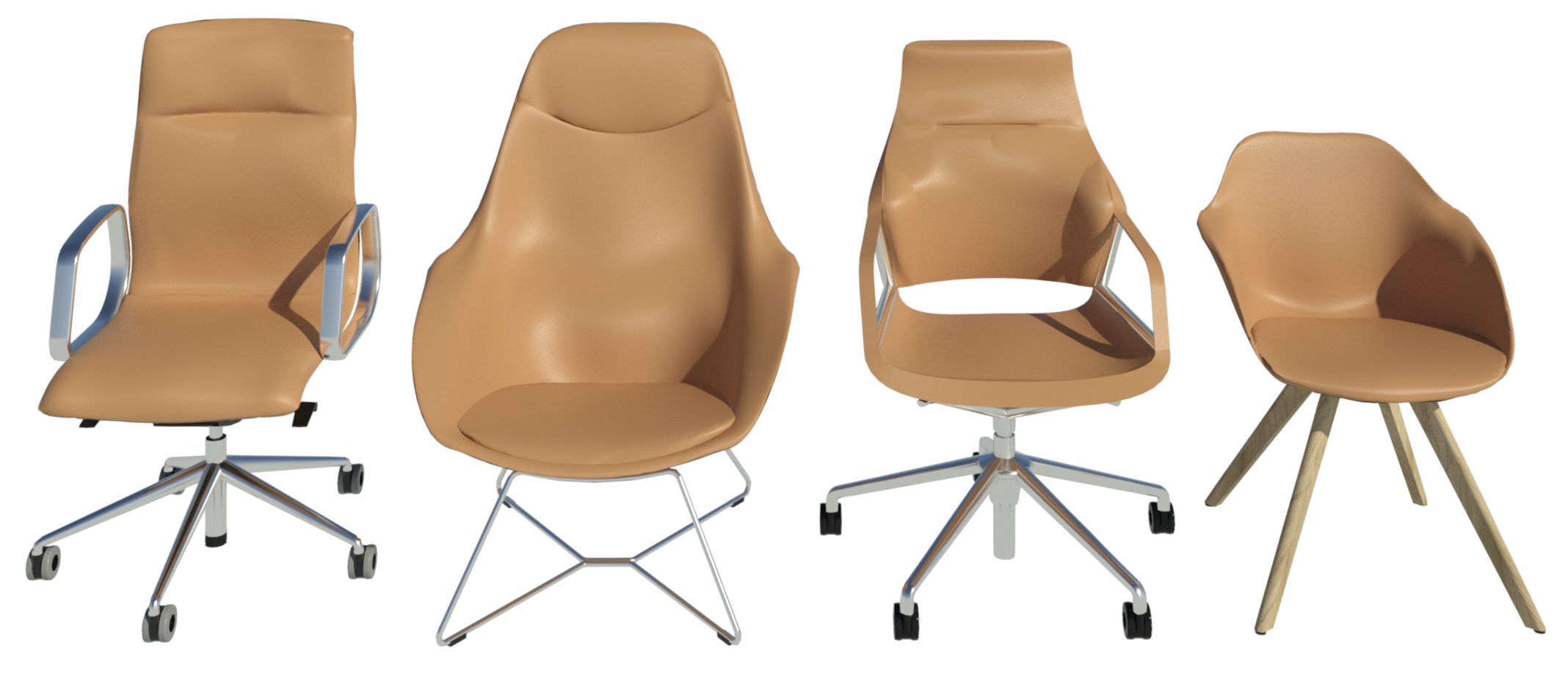 Revit Ray Trace showing 4 chairs - the Decide, Yonda Lounge, Graph and Yonda chairs in leather a tan-beige color, 74/10.