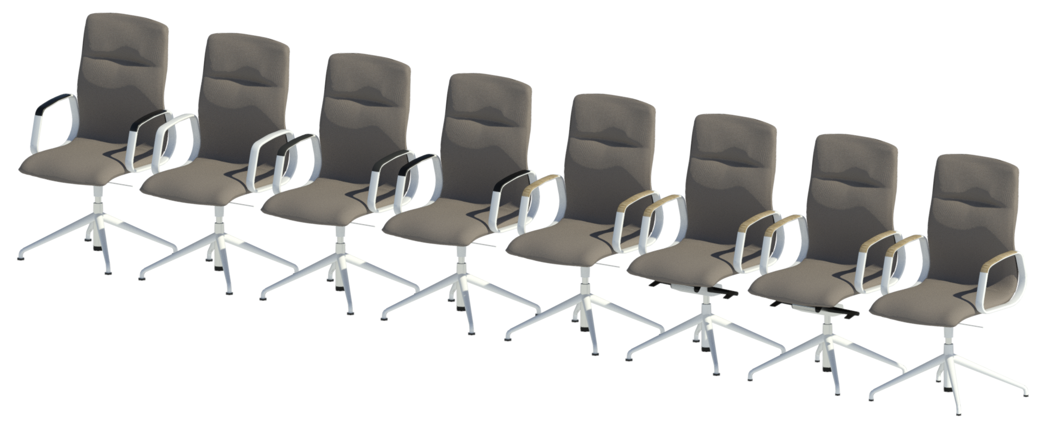 Ray Trace showing 8 Decide chairs in a grey Credo 92/17 fabric and their multiple iterations driven by type and instance options.