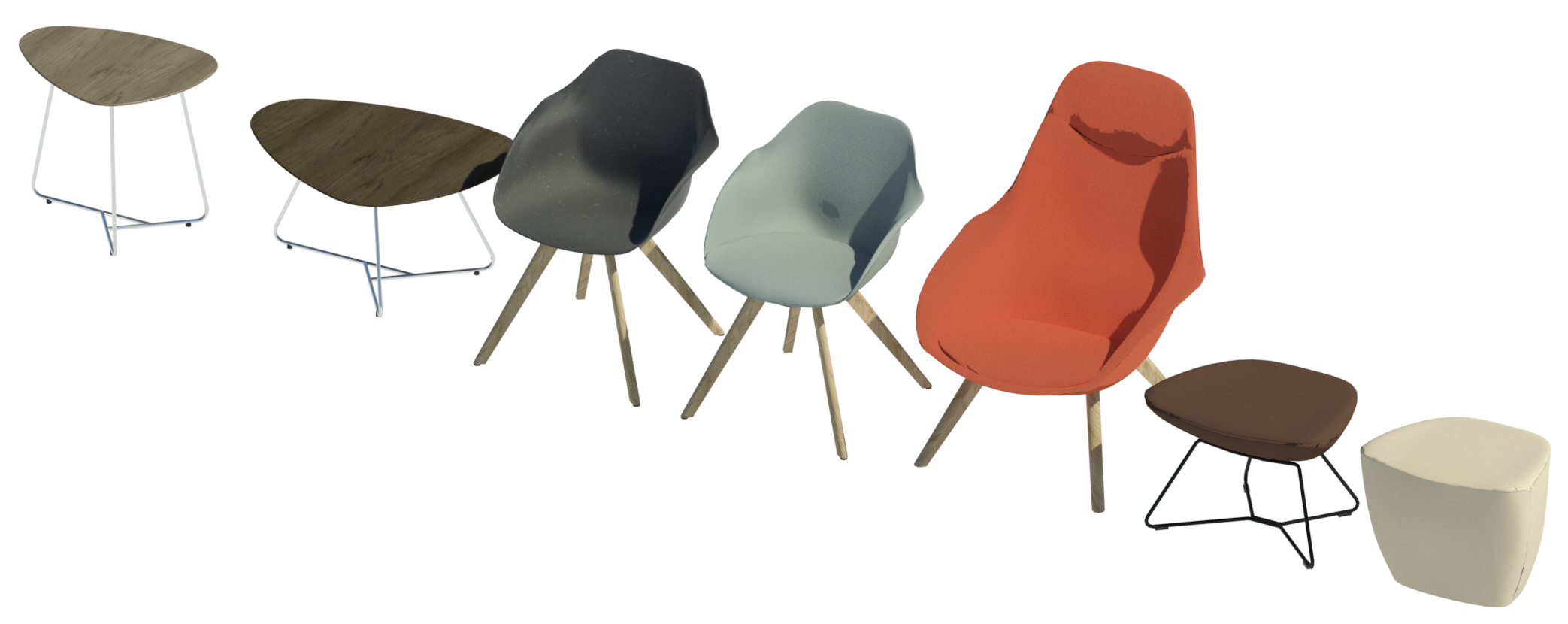 Revit render showing the 7 default items within the Yonda range - tables, chair, conference chair, lounge chair, ottoman and stool.