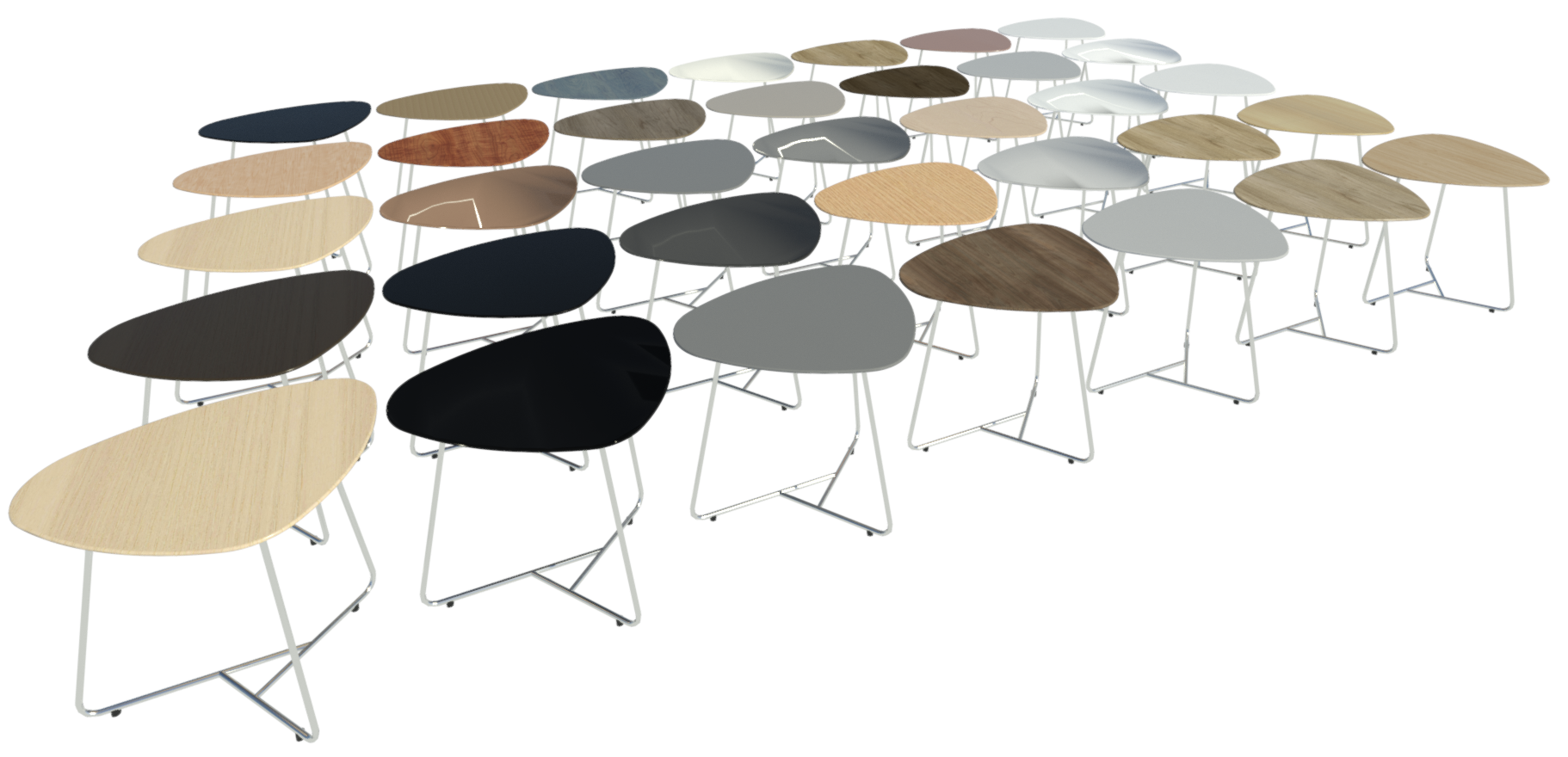 Render showing 35 possible table top material finishes.