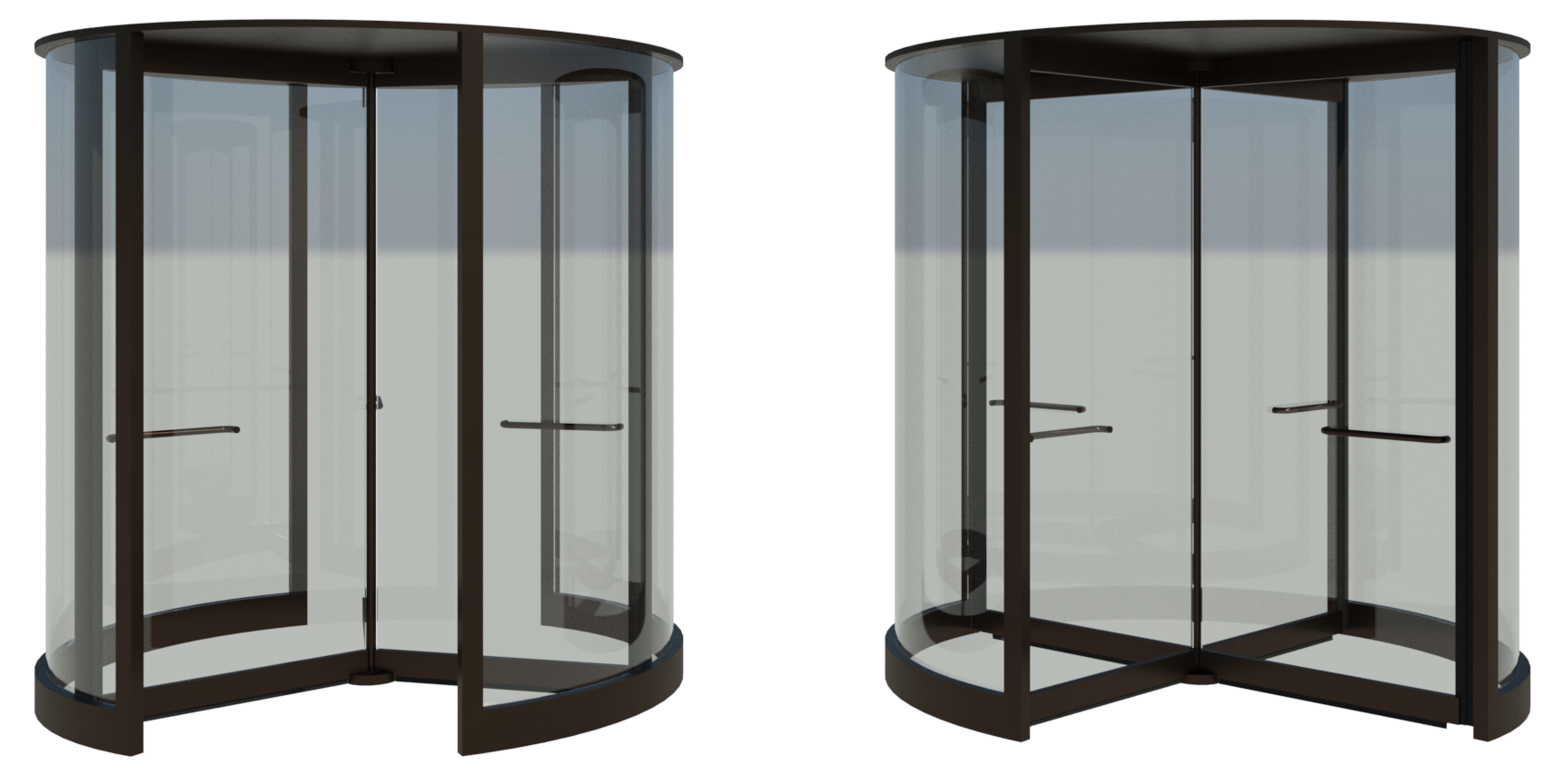 Two images of revolving doors. Three- and four-wing models from International Revolving Door.