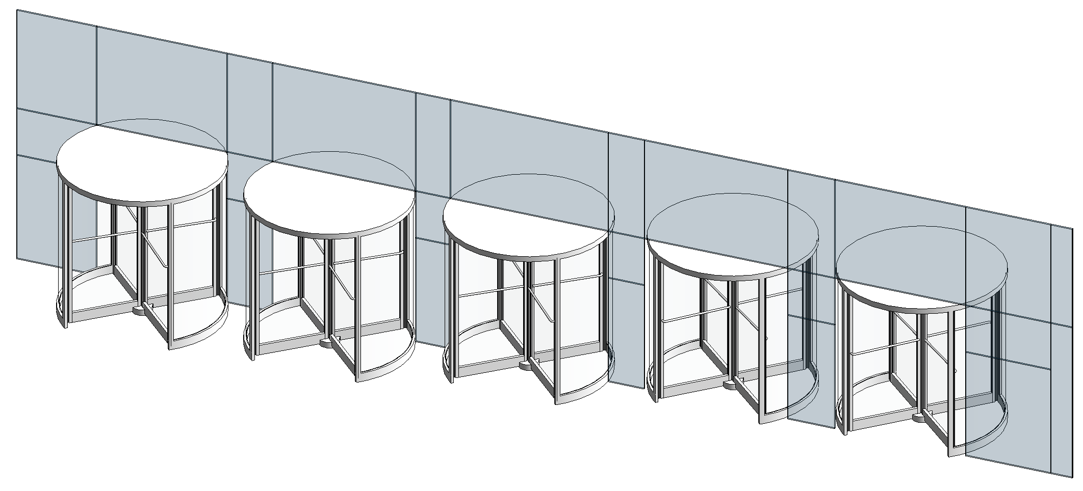 Revit 3D view showing door offset driven by the reporting curtain panel width.